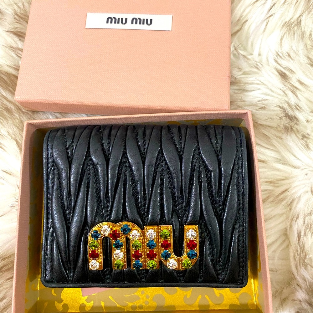 Miumiu Bifold Crystal Logo Wallet
